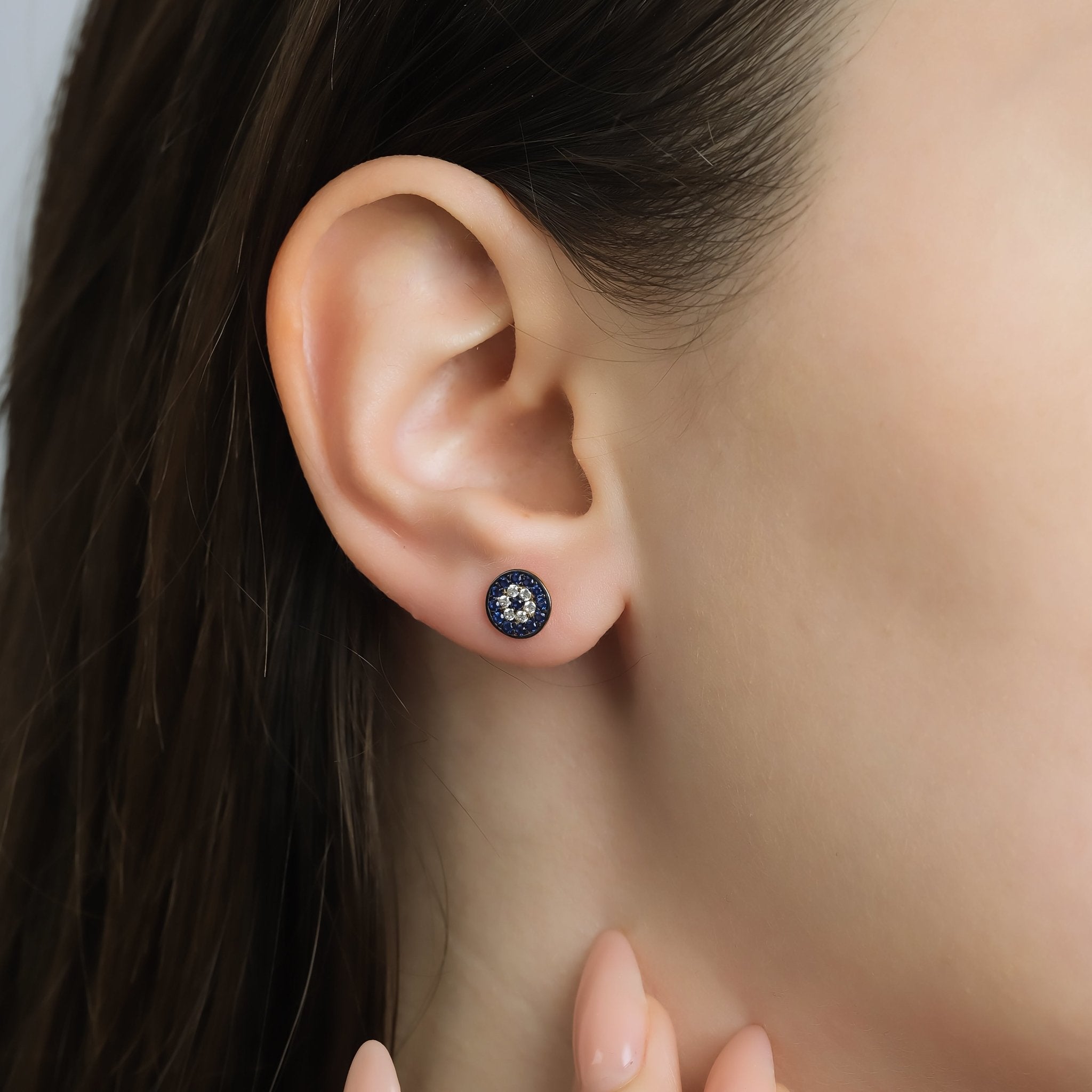 14K yellow gold minimalist evil eye stud earrings with CZ stones, measuring 7.75mm, perfect for everyday wear.