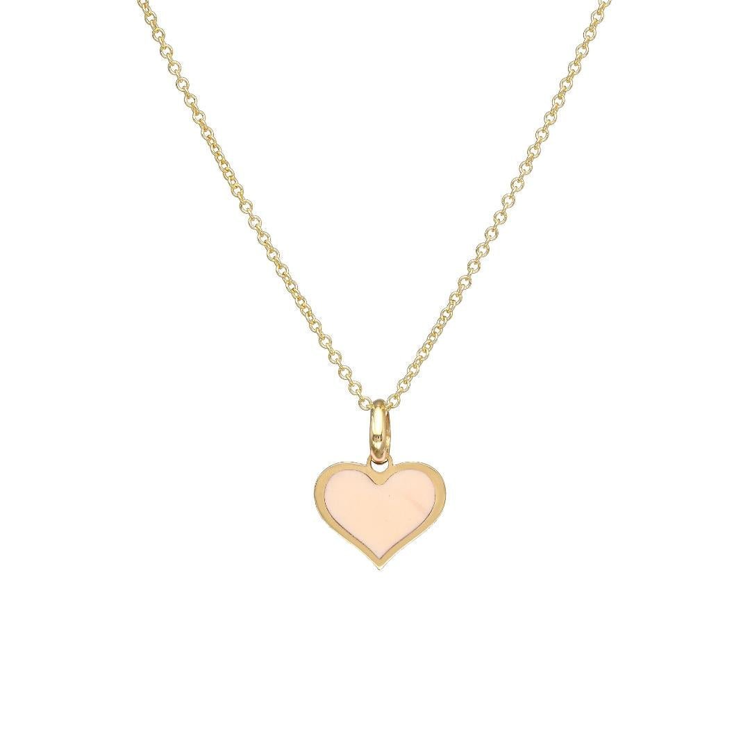 14K yellow gold flat pink heart necklace, elegant design perfect for everyday wear, presented in a gift box.