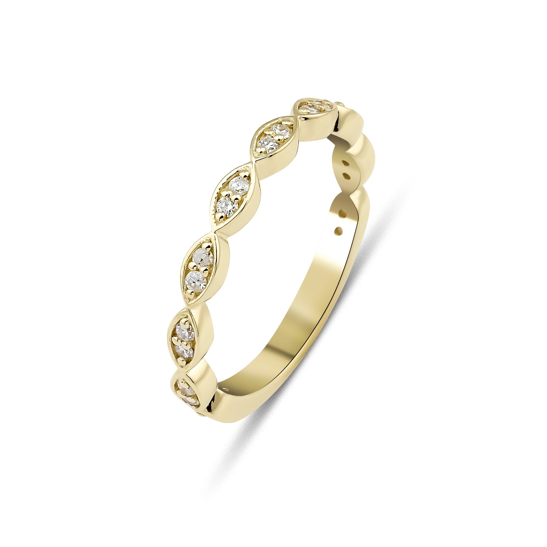 14K yellow gold half eternity wedding band featuring 20 round diamonds, totaling 0.20 carats with a shiny finish.
