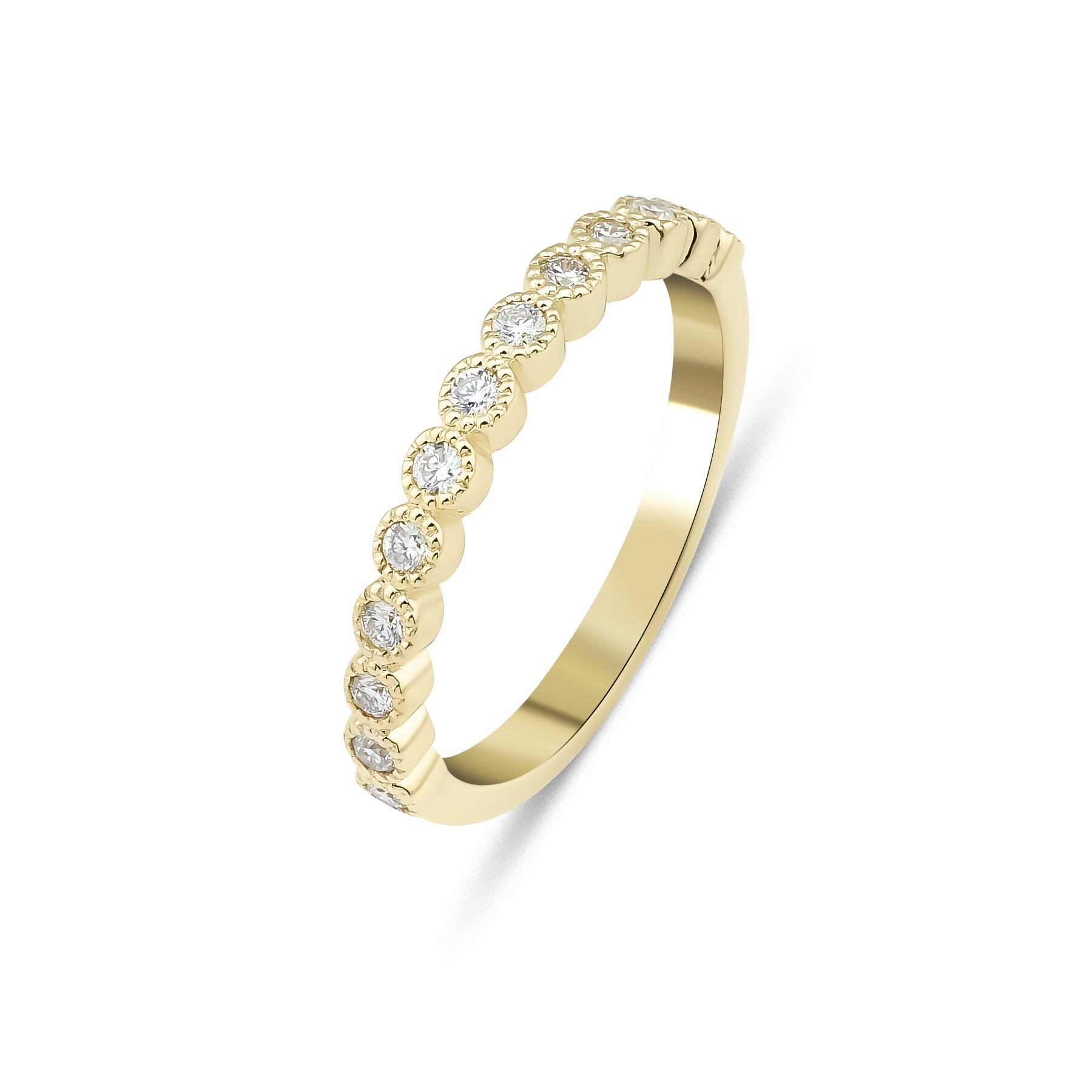 14K yellow gold half eternity diamond wedding ring with 12 round diamonds, total carat weight 0.24, shiny finish.