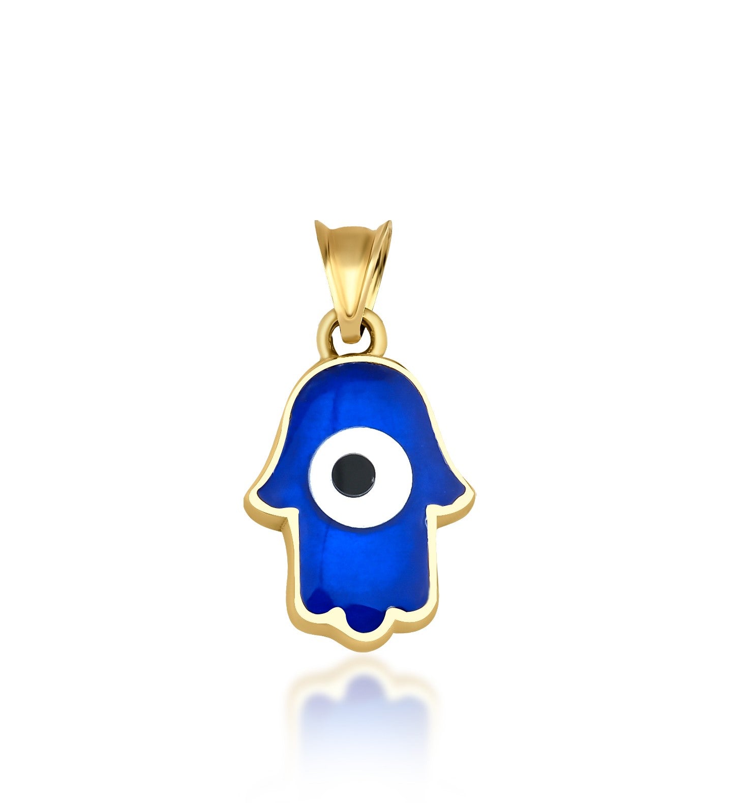 Blue Hamsa pendant with gold outline and a white eye, symbolizing protection and good luck.