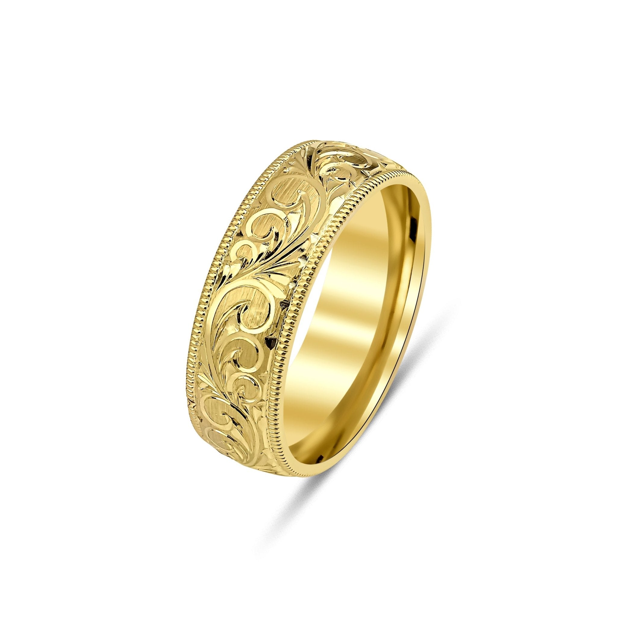 14K yellow gold hand engraved mens wedding band with leaf motif, shiny finish, comfort fit, made in New York.
