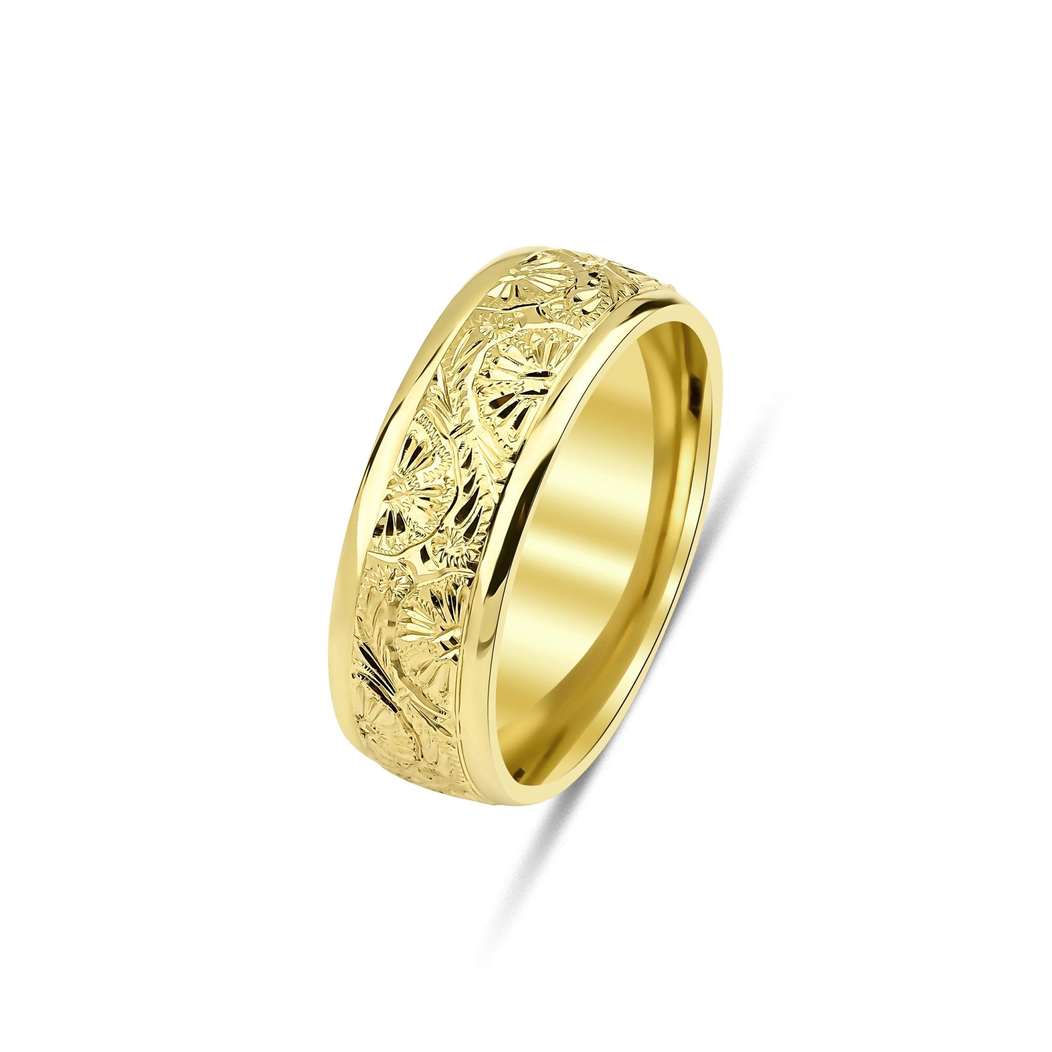 14K yellow gold hand engraved men's wedding band with leaf motif, 7mm wide, shiny finish, comfort fit, made in USA.