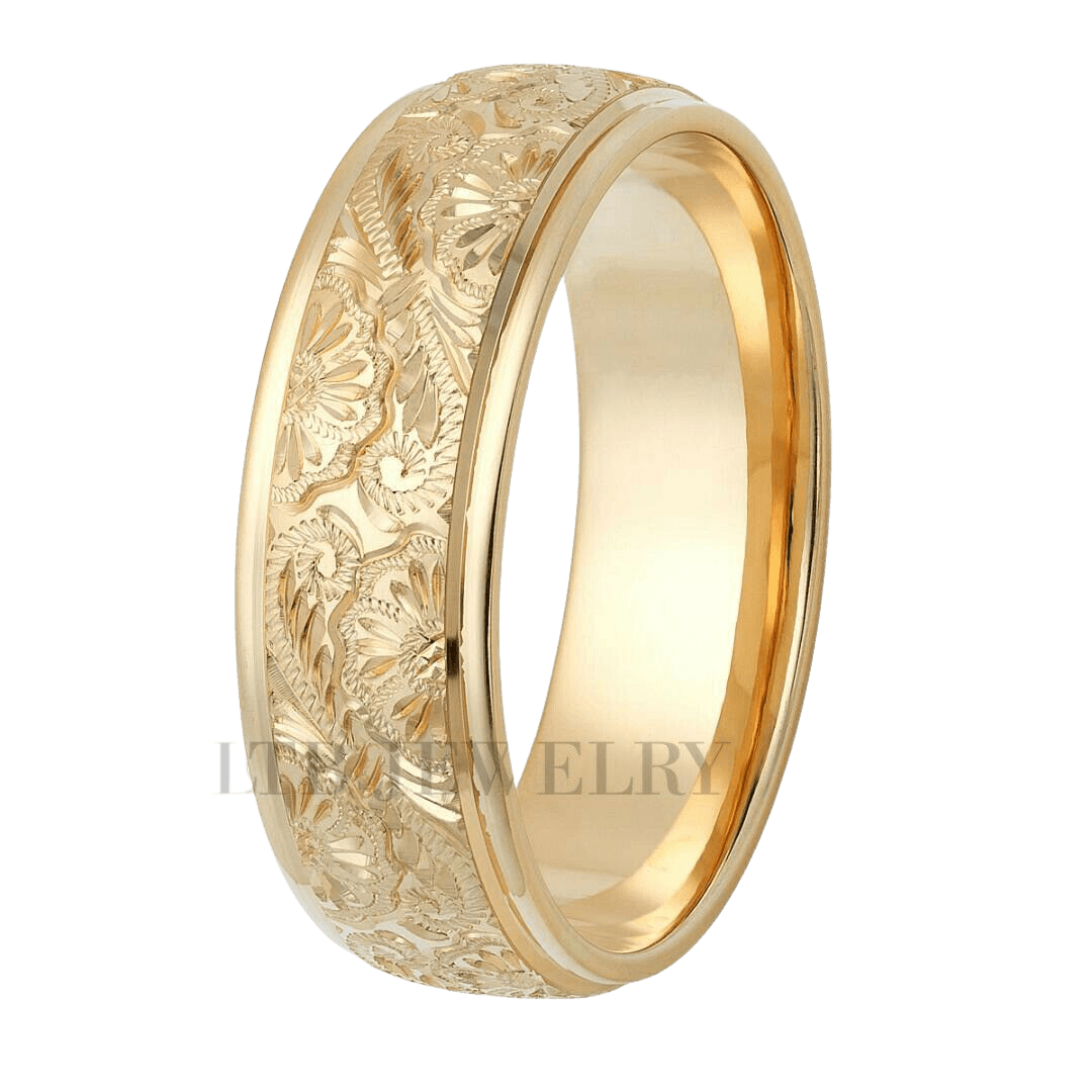 14K Yellow Gold Hand Engraved Mens Wedding Band with leaf motif, comfort fit, polished finish, 7mm wide, made in New York
