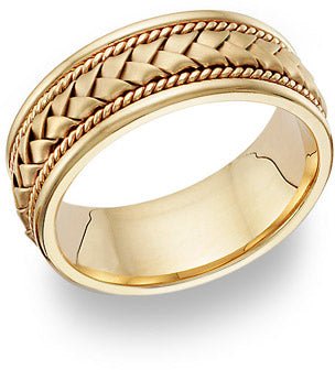 14K yellow gold handmade braided men's wedding band with satin finish and shiny edges, comfort fit design.