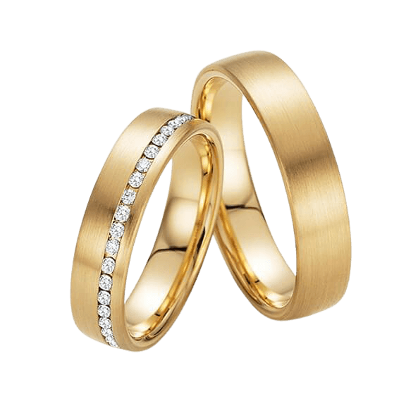 His and hers diamond eternity wedding rings set in yellow gold with satin finish and brilliant round cut diamonds.