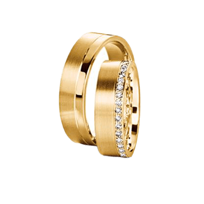 His and Hers Diamond Eternity Wedding Rings Set in 10K Yellow Gold with Satin Finish and Round Cut Diamonds.