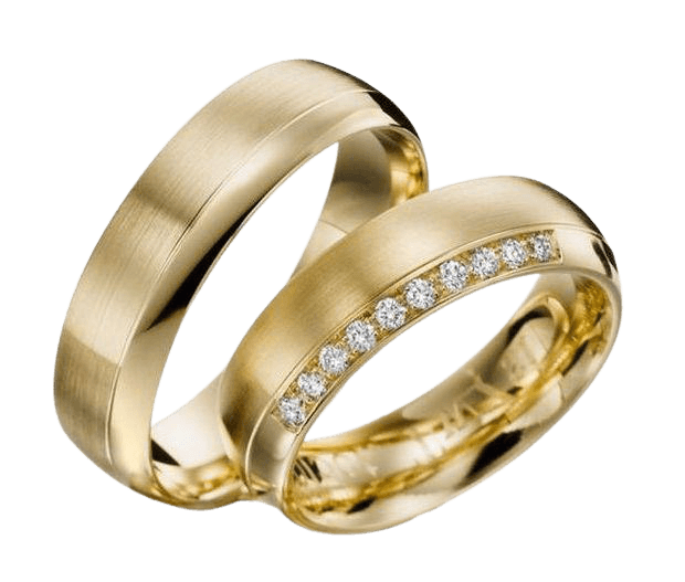His and Hers matching yellow gold wedding bands with satin finish and diamond accents.