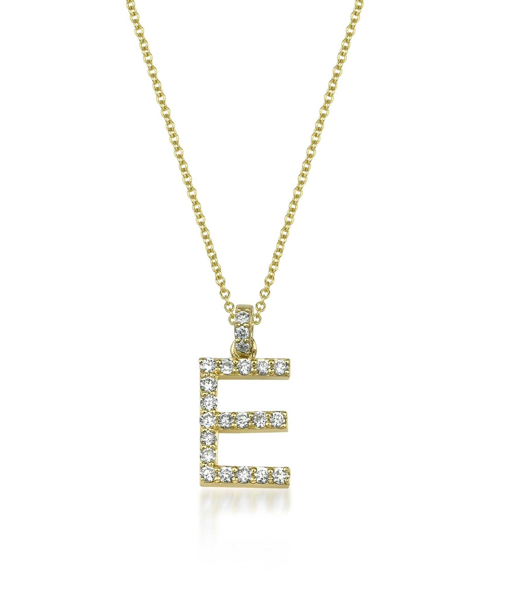 14K yellow gold initial necklace featuring sparkling natural diamonds in the shape of letter E, elegant and personalized jewelry.