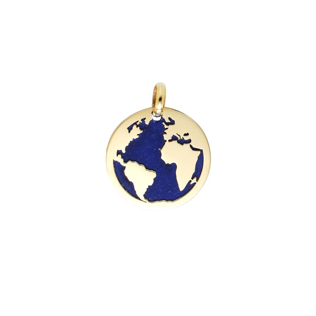 14K yellow gold lapis world map pendant, 15mm, classy and delicate design for everyday wear.