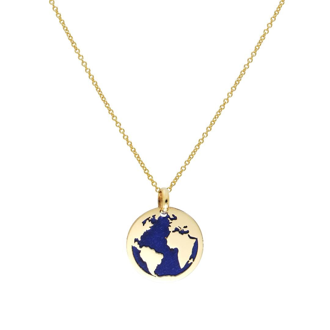 14K yellow gold necklace with lapis world map pendant, 15mm, perfect for everyday wear, dainty and classy jewelry piece.
