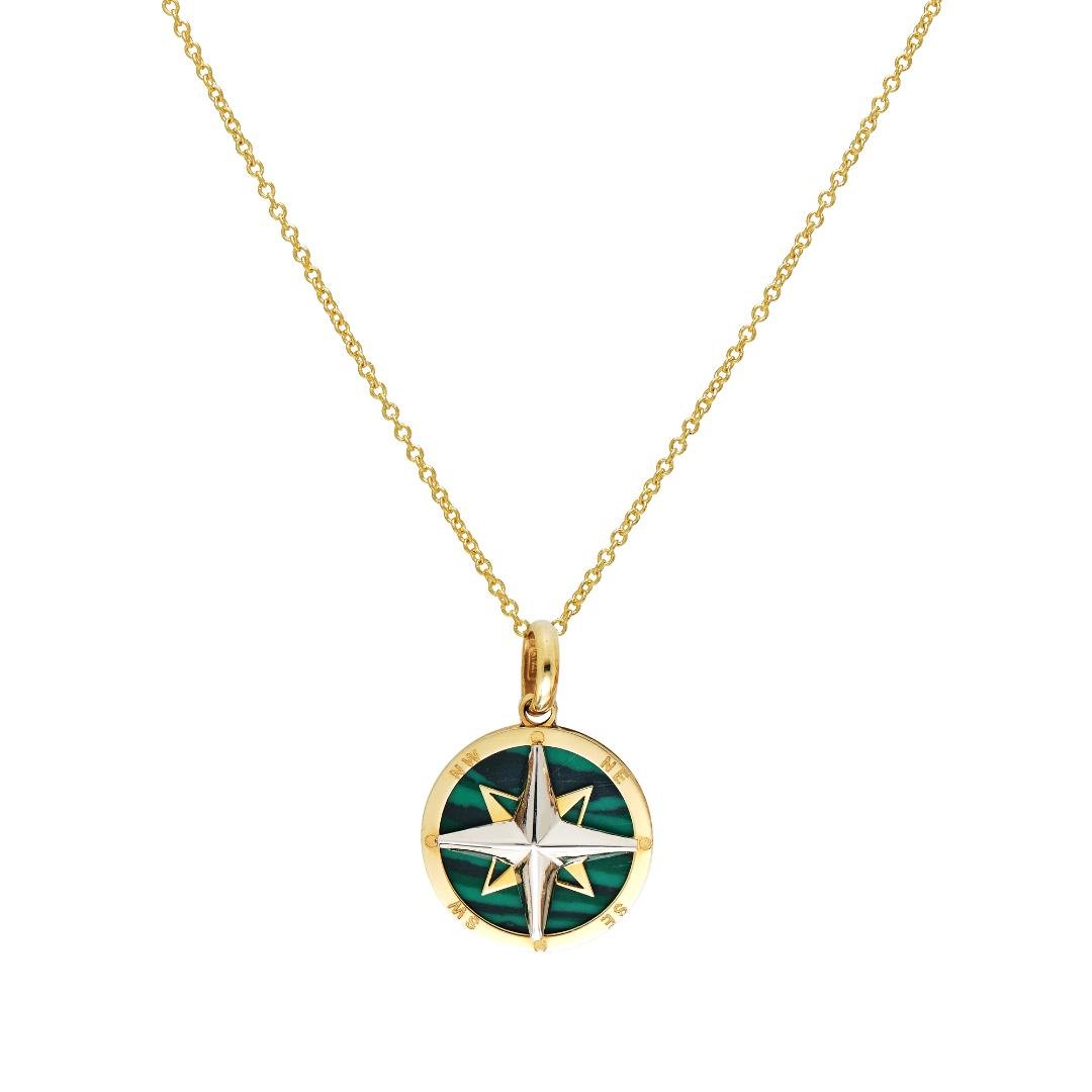 14K yellow gold malachite compass necklace with a star pendant, suitable for everyday elegance.