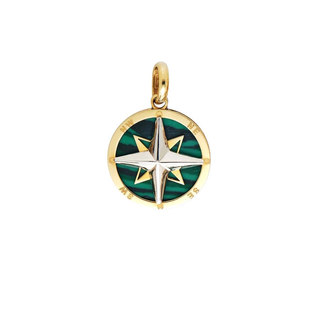 14K Yellow Gold Malachite Compass Pendant Necklace with star detail, perfect for everyday wear and layering.