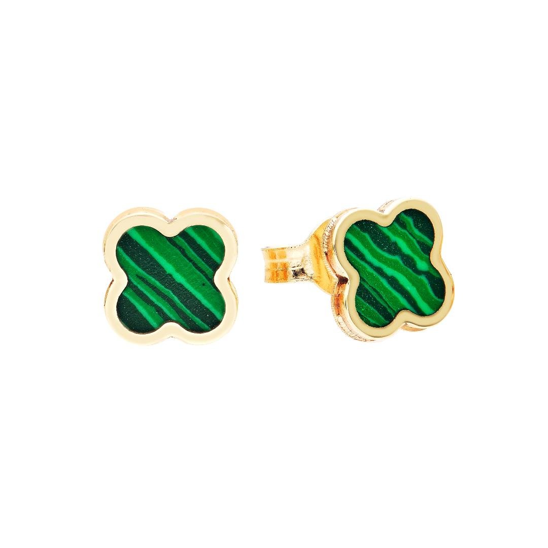 14K yellow gold malachite four leaf clover stud earrings, dainty and perfect for everyday wear.