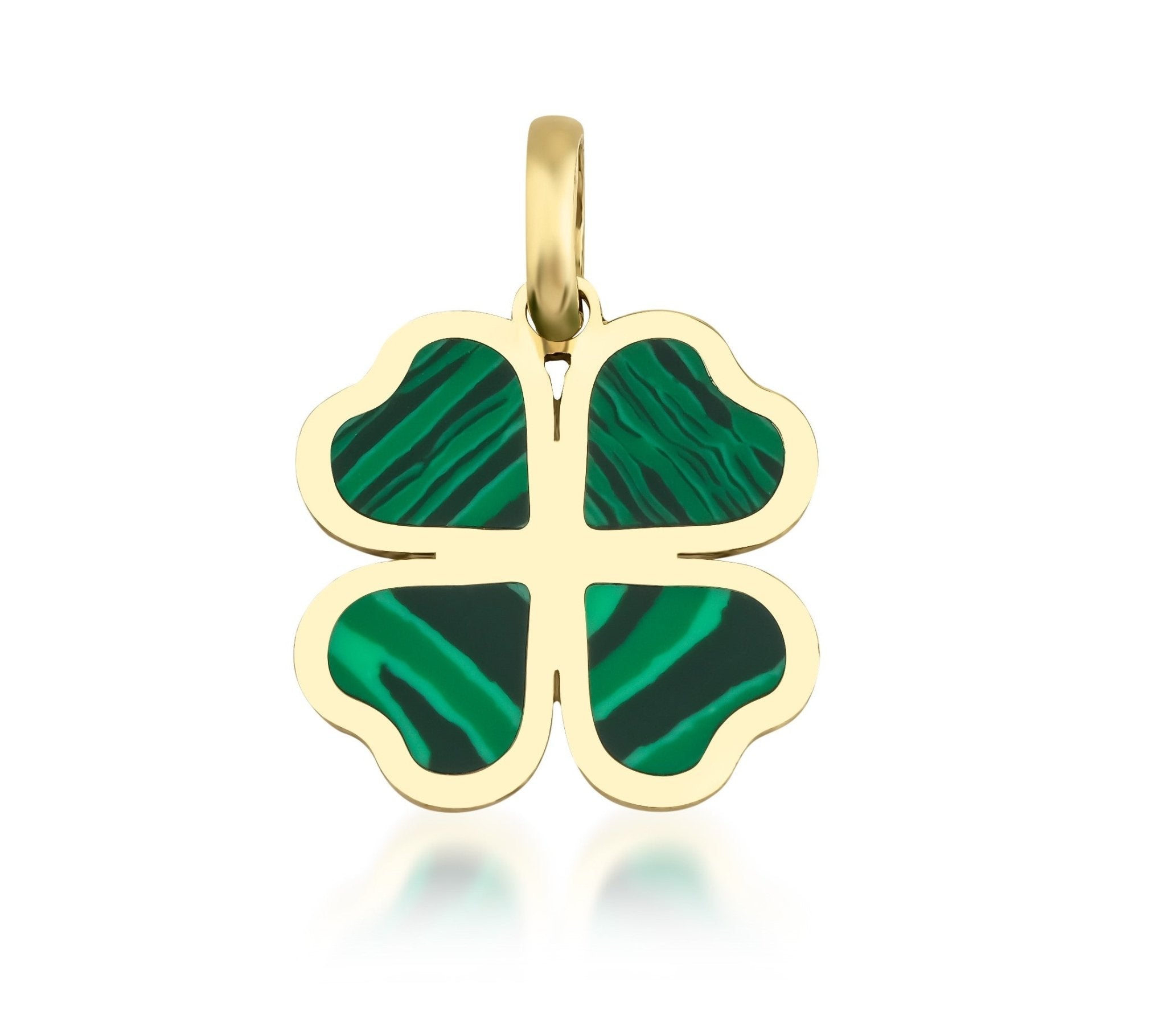 14K yellow gold malachite four leaf clover pendant, perfect for everyday wear, featuring a delicate and classy design.