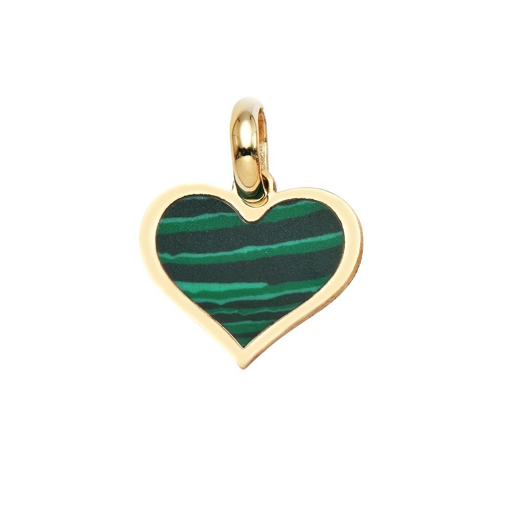 14K yellow gold malachite heart pendant necklace, 11mm width, 9.75mm length, elegant gift-ready jewelry.