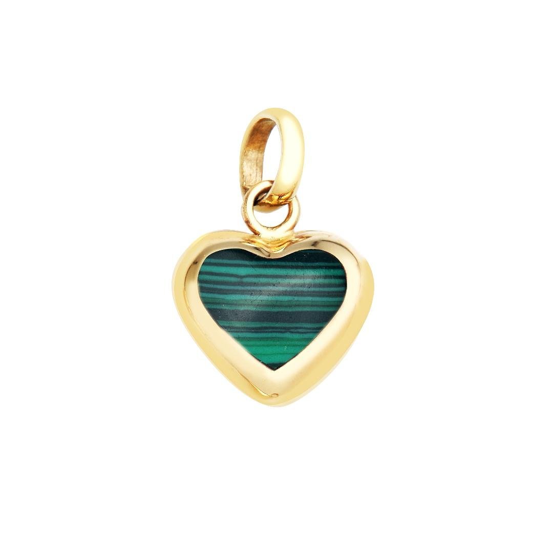 14K yellow gold malachite puffed heart pendant, 9.5mm wide, 8.5mm high, perfect for daily wear, comes in a gift box.