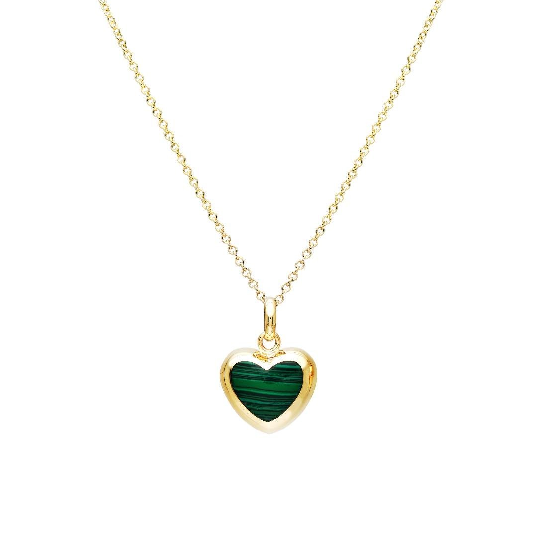 14K yellow gold malachite puffed heart pendant necklace, dainty and elegant for everyday wear.