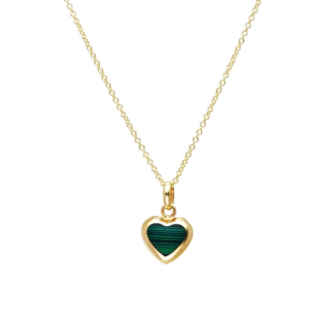 14K yellow gold malachite puffed heart pendant necklace, dainty and elegant design for everyday wear, gift-ready.