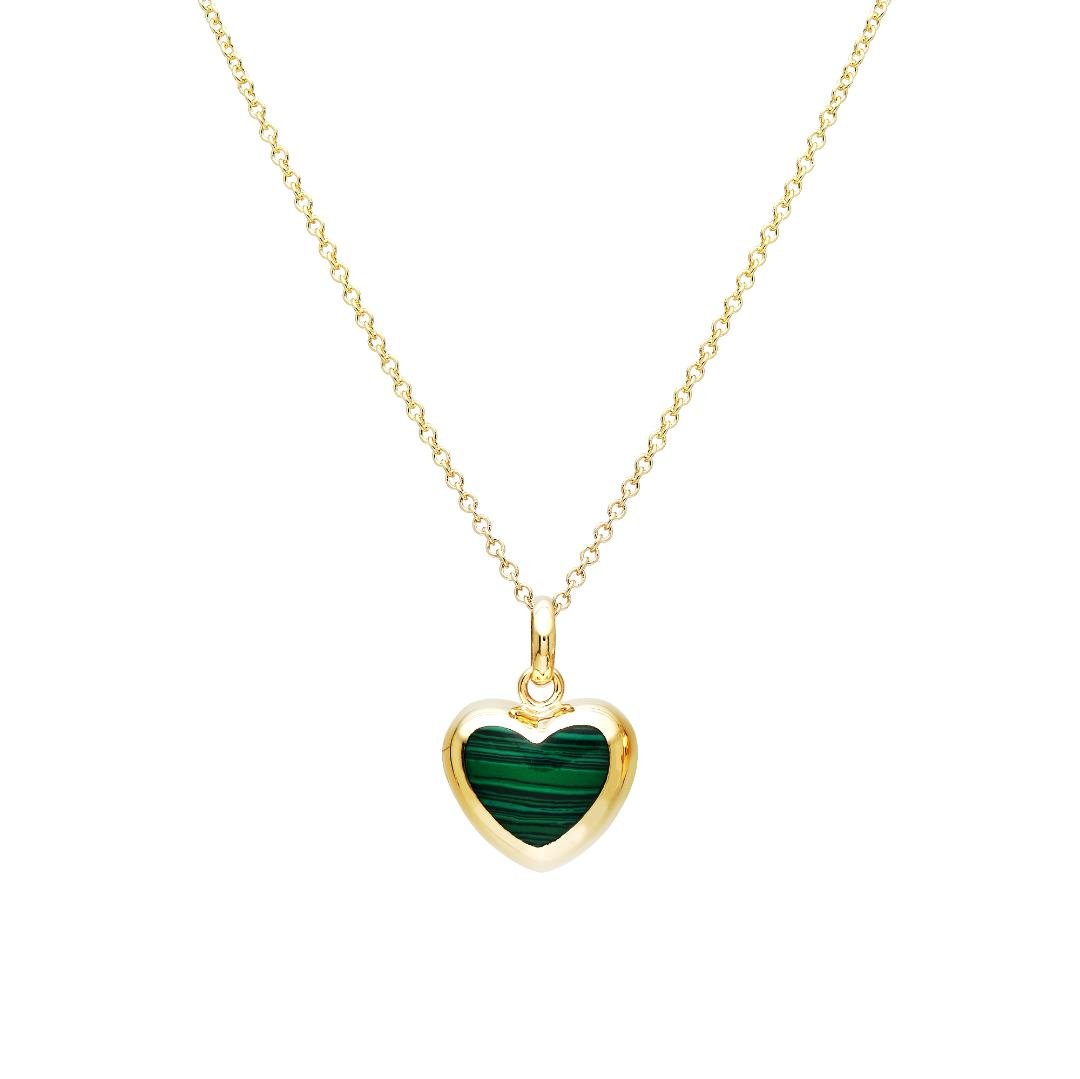 14K yellow gold malachite puffed heart pendant necklace, dainty and elegant design, perfect for everyday wear.