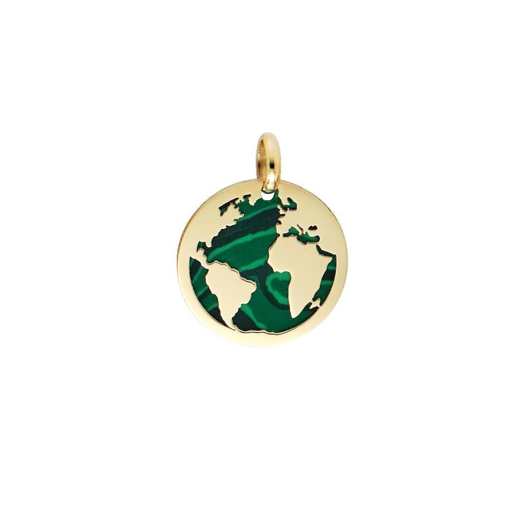 14K yellow gold malachite world map pendant necklace, elegant earth jewelry, 15mm globe charm for everyday wear.
