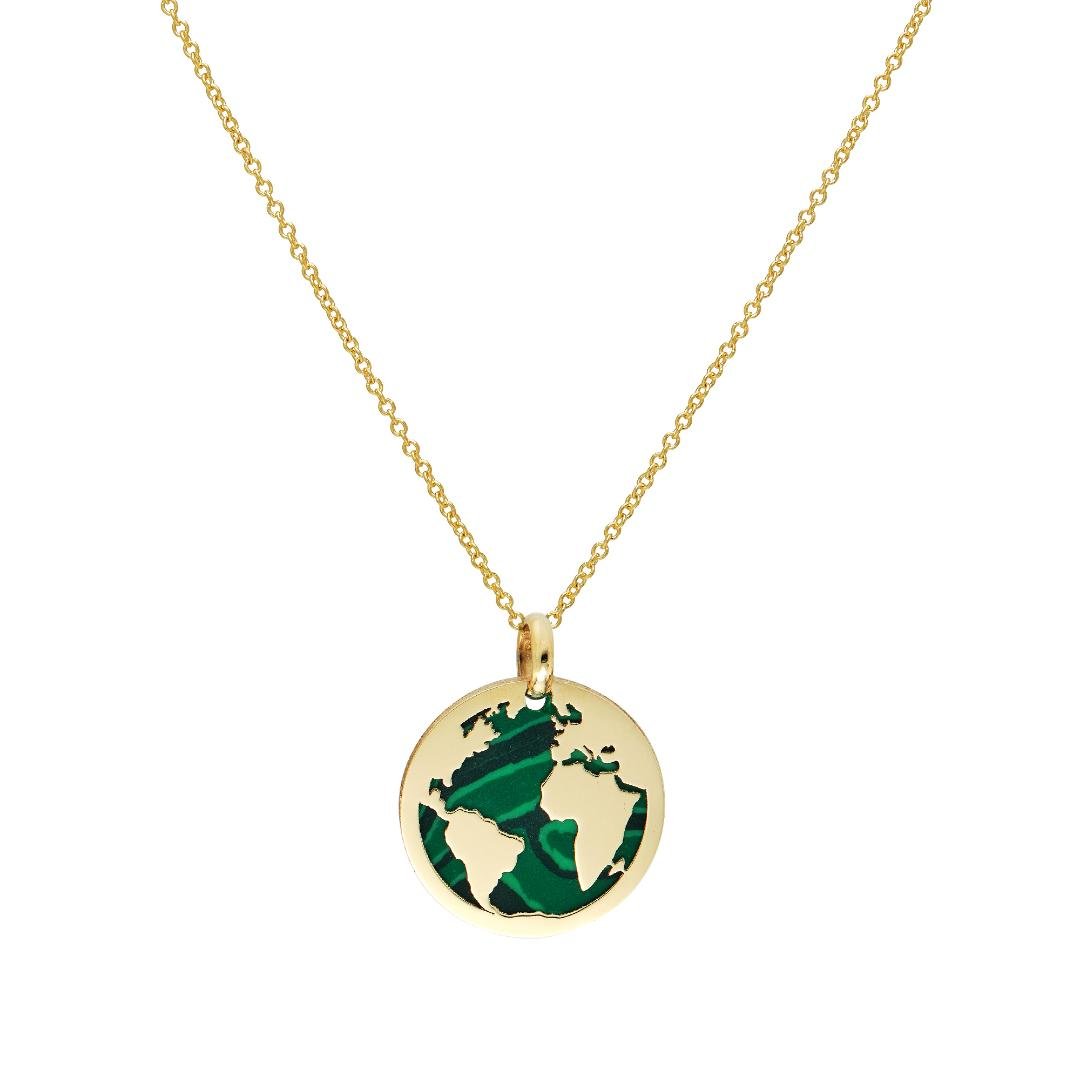 14K yellow gold malachite world map necklace pendant, elegant Earth necklace for everyday wear.