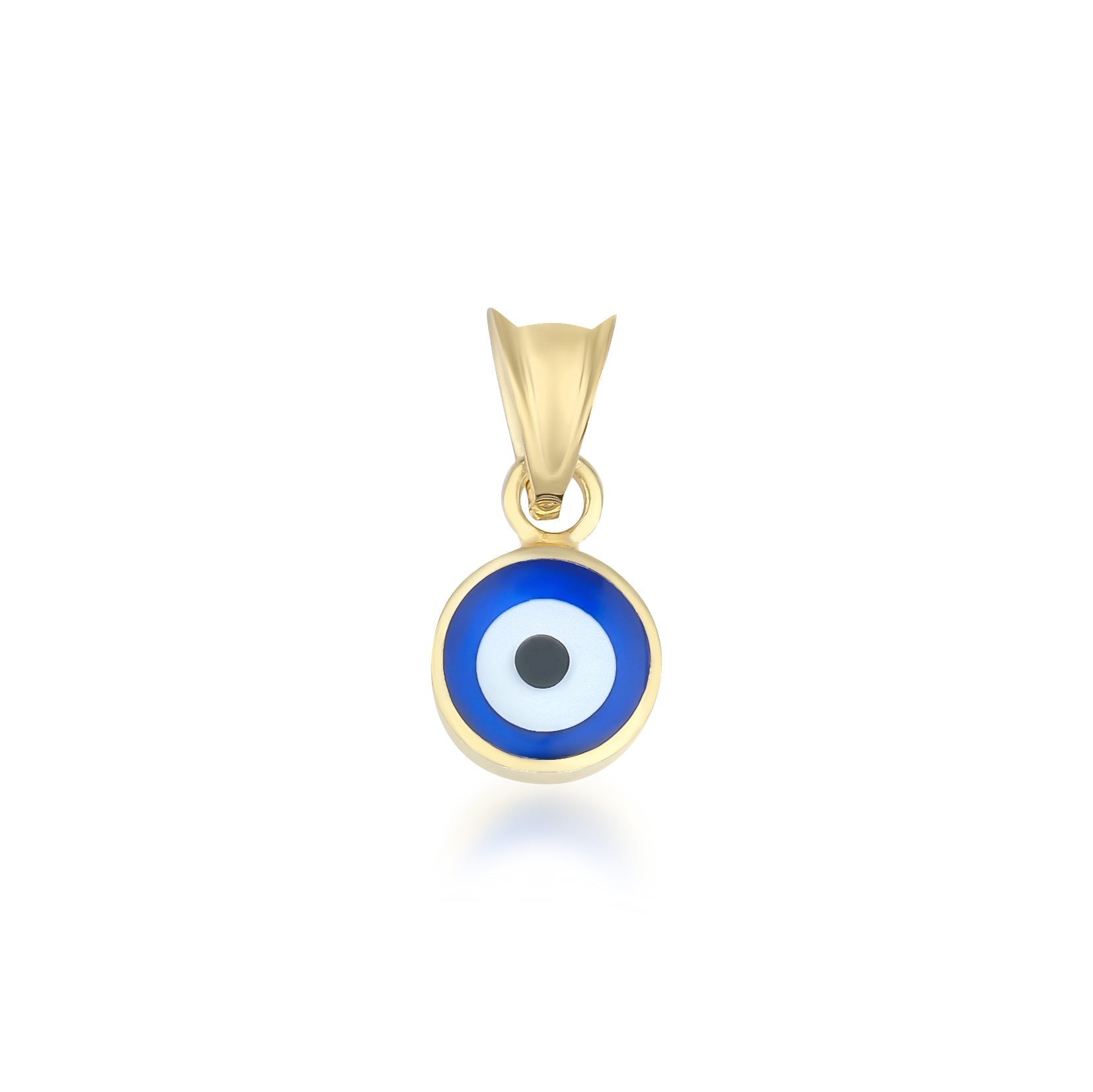14K yellow gold round evil eye pendant featuring a blue and white design, perfect for minimalist jewelry lovers.
