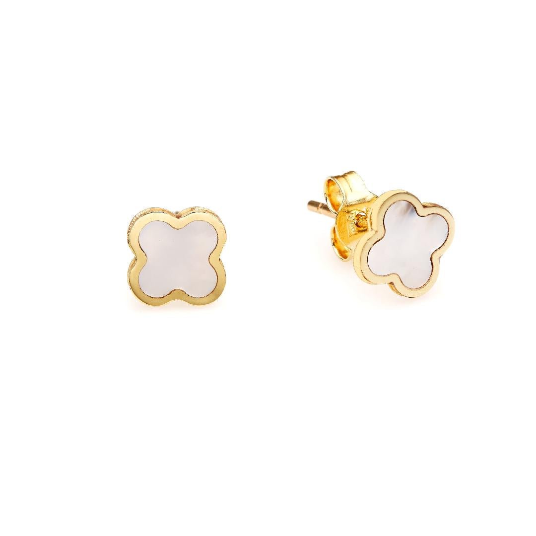14K yellow gold minimalist mother of pearl four leaf clover stud earrings for everyday elegance.