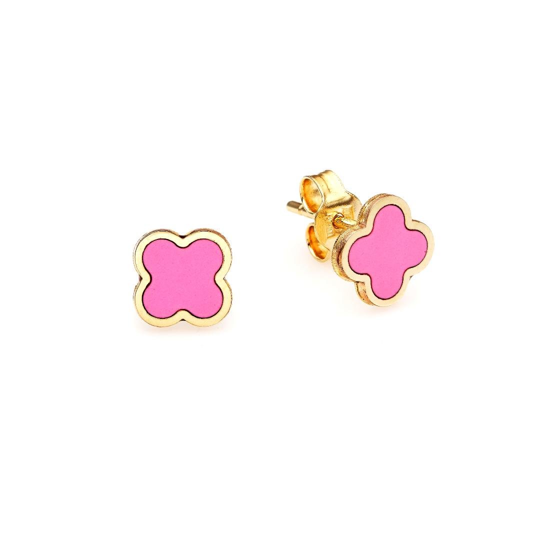 14K yellow gold minimalist pink four leaf clover stud earrings, dainty design perfect for everyday wear.