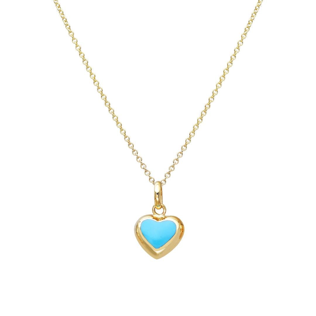 14K yellow gold minimalist turquoise puffed heart pendant necklace, dainty design, perfect for everyday wear.