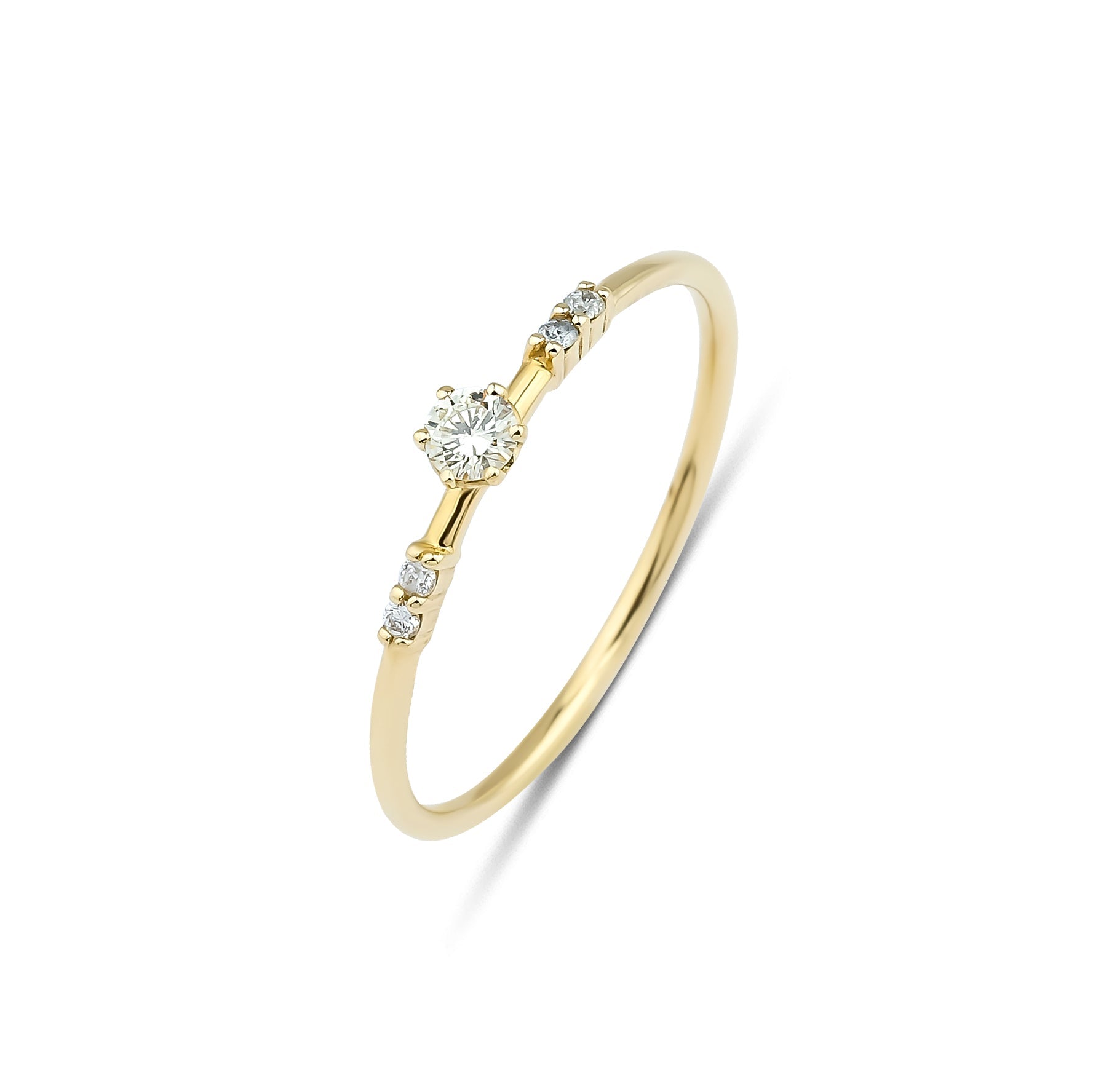 14K yellow gold minimalist women's diamond engagement ring with five round diamonds, including a 3.2mm center stone.