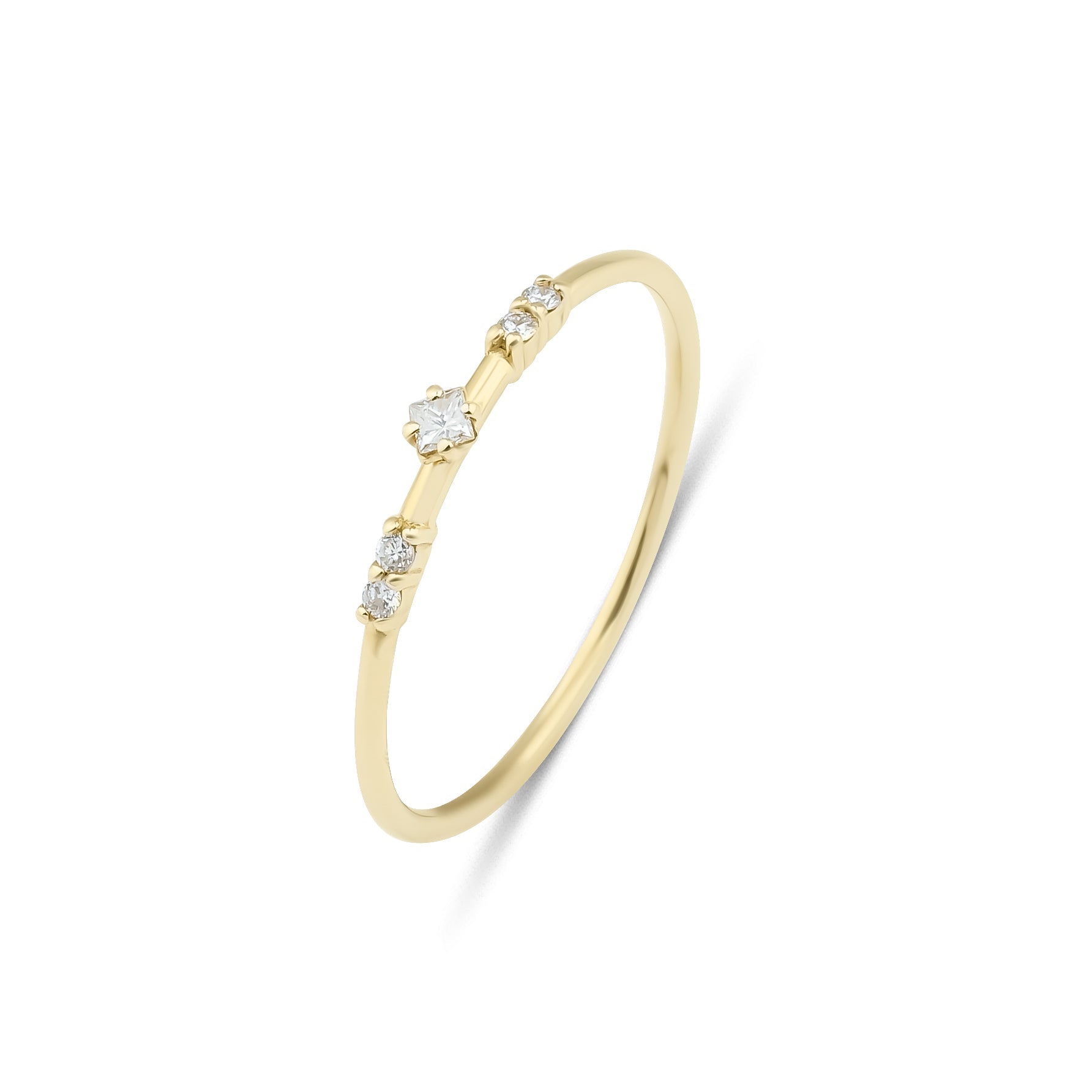 14K yellow gold minimalist women's diamond ring featuring 1 princess cut diamond and 4 round diamonds, total 0.07 carats.