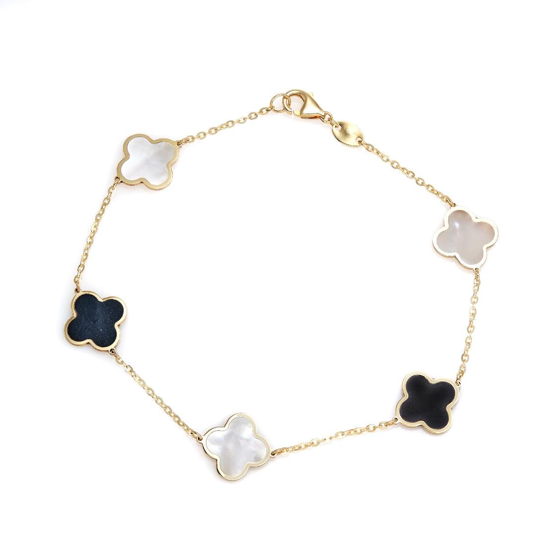 14K solid yellow gold bracelet with mother of pearl and onyx four leaf clovers, elegant design, 7 inches long.