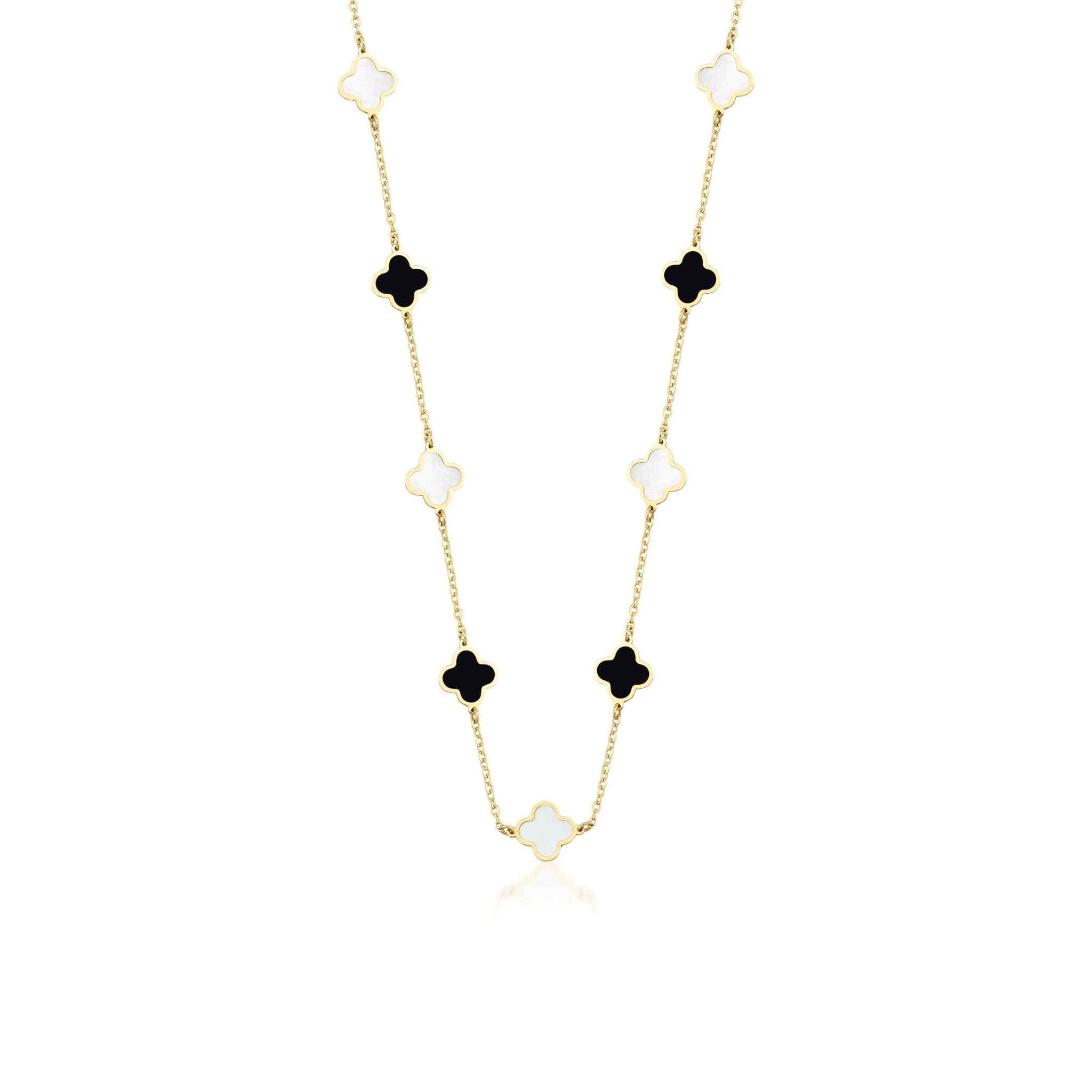 14K solid yellow gold necklace with mother of pearl and onyx four leaf clovers, 16 to 17.5 inch adjustable length.