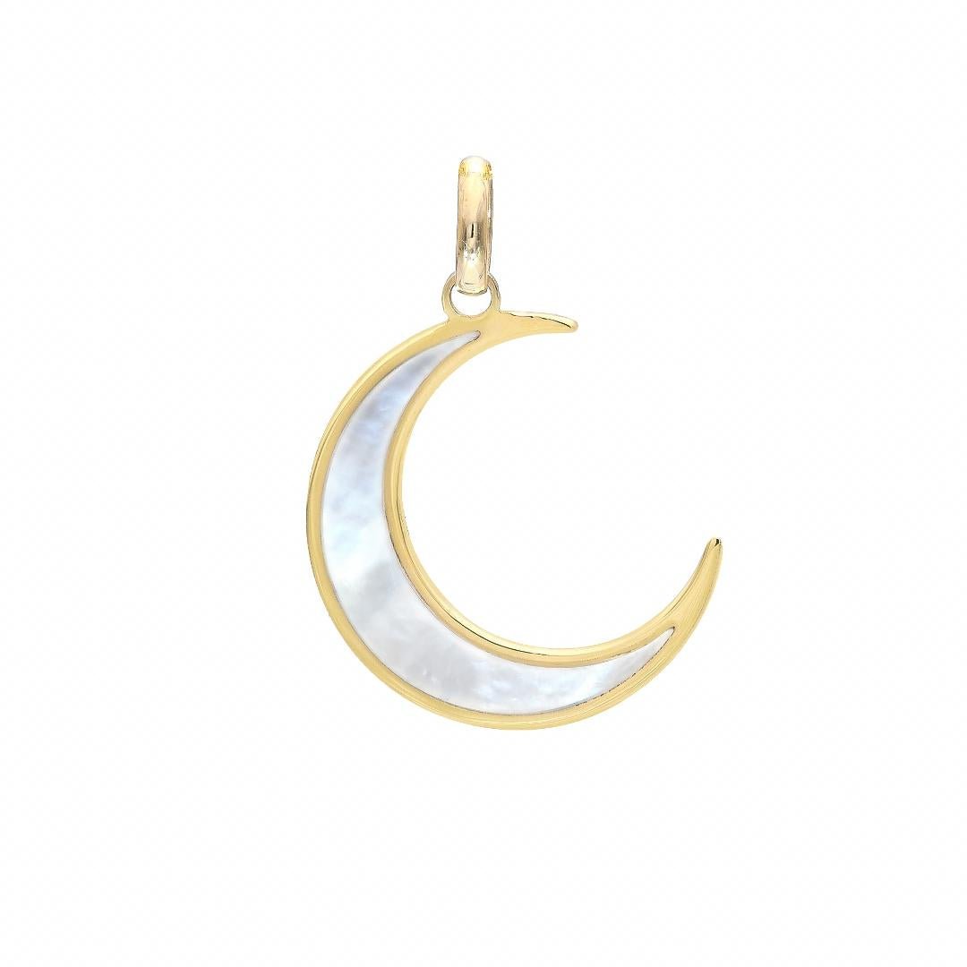 14K yellow gold crescent moon pendant with natural mother of pearl, dainty and elegant design for everyday wear.