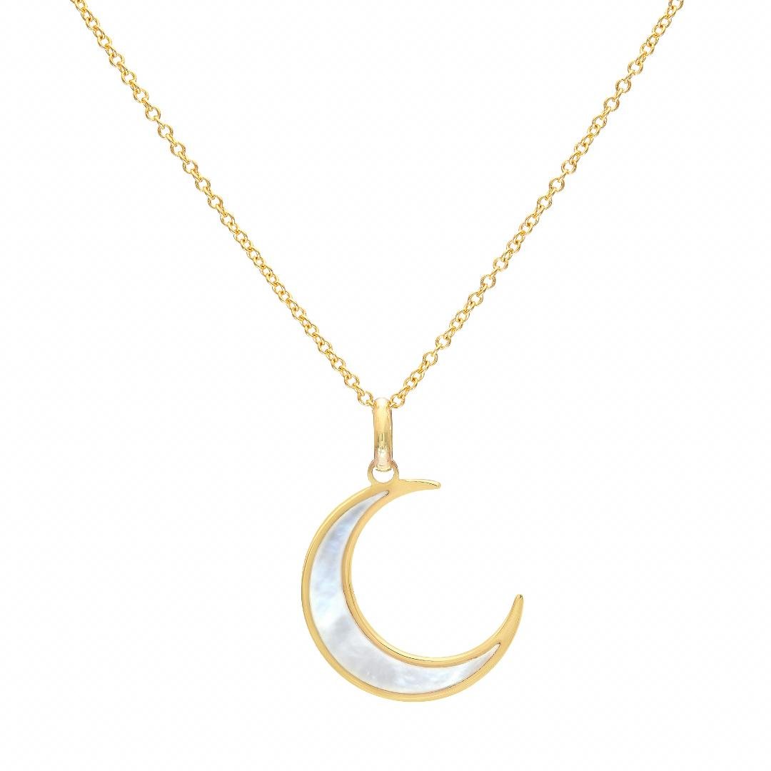 14K yellow gold crescent moon necklace with natural mother of pearl pendant, simple and elegant design.