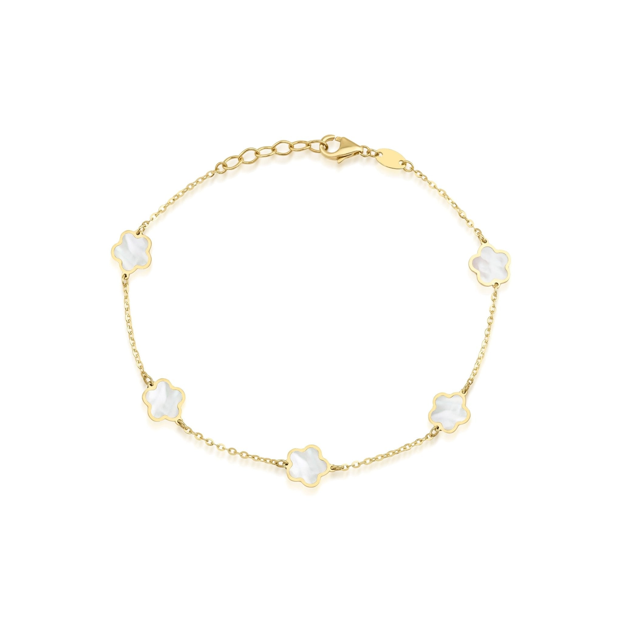14K yellow gold daisy flower bracelet with mother of pearl blossoms, 7 inch delicate chain, lobster claw clasp.
