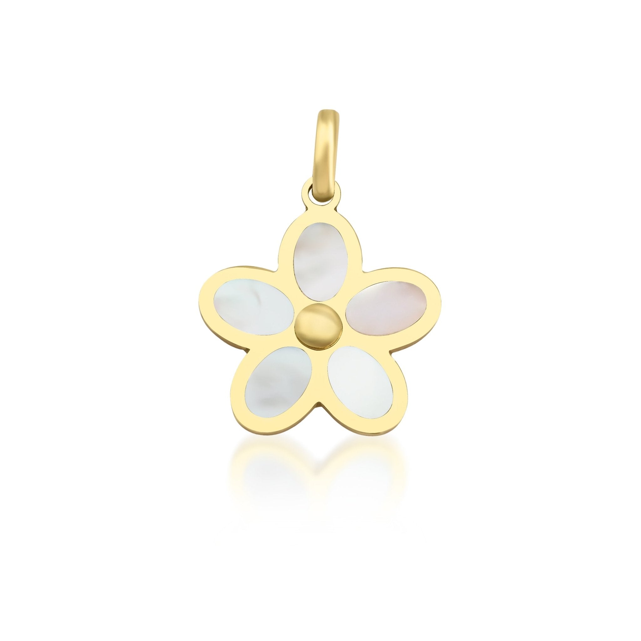 14K yellow gold daisy flower pendant with mother of pearl inlay, perfect for everyday wear.