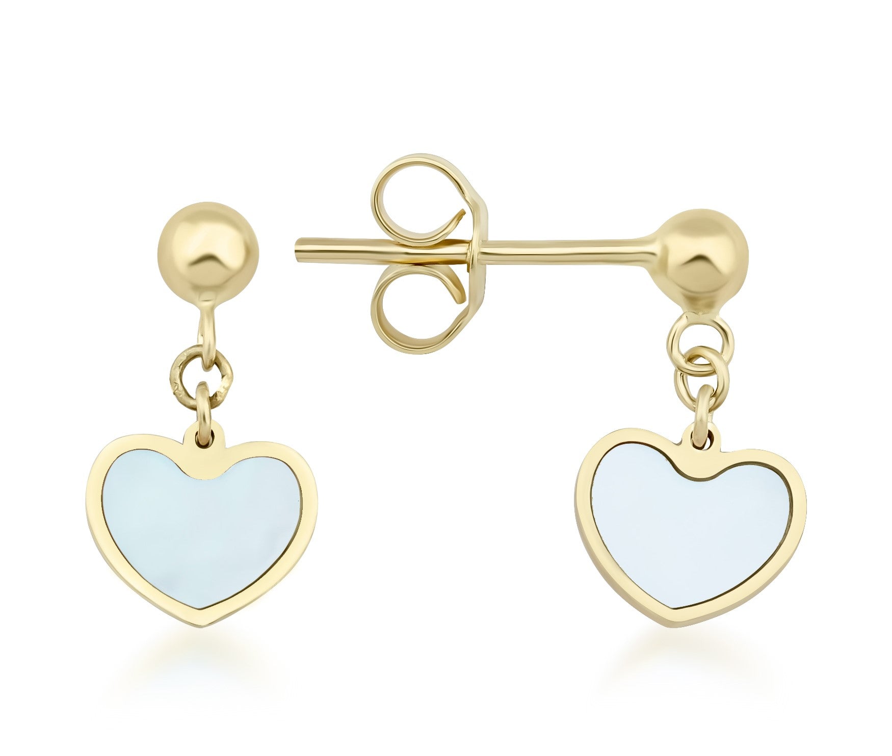14K yellow gold minimalist heart dangle earrings with mother of pearl for everyday wear.
