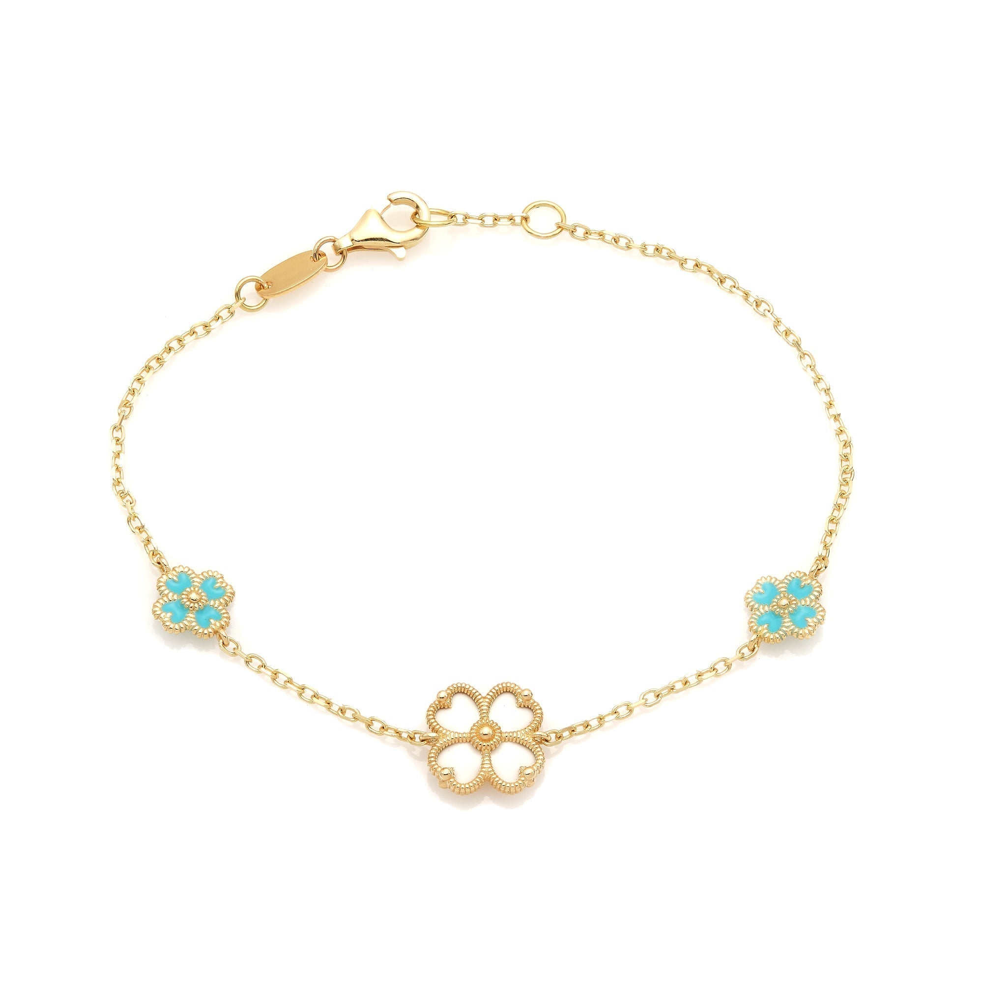 14k yellow gold four leaf clover bracelet with turquoise enamel, adjustable length, elegant everyday jewelry.