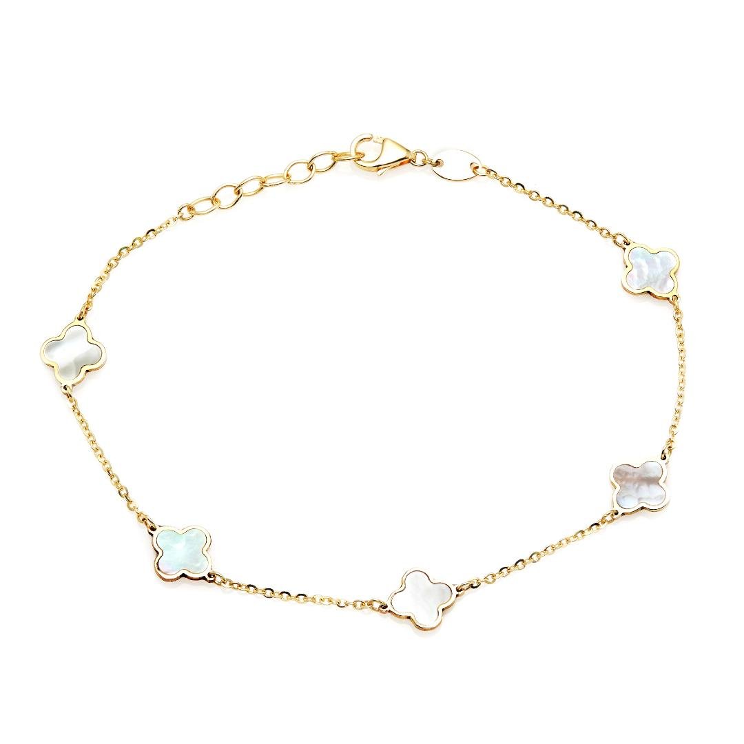 14K solid yellow gold bracelet with mother of pearl four leaf clovers, 7 inches long, elegant and simple design.