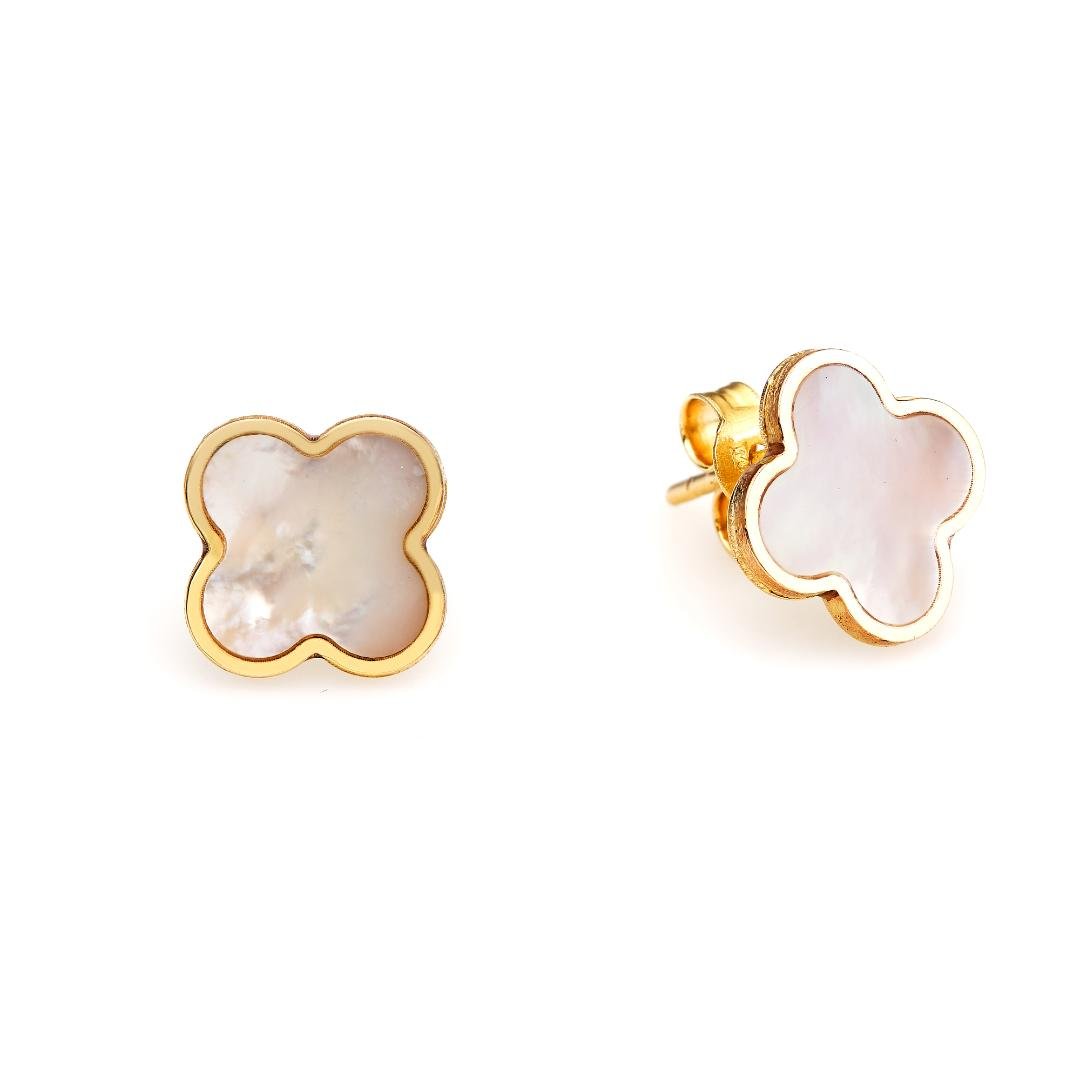 14K yellow gold mother of pearl four leaf clover stud earrings with elegant gold outlining.