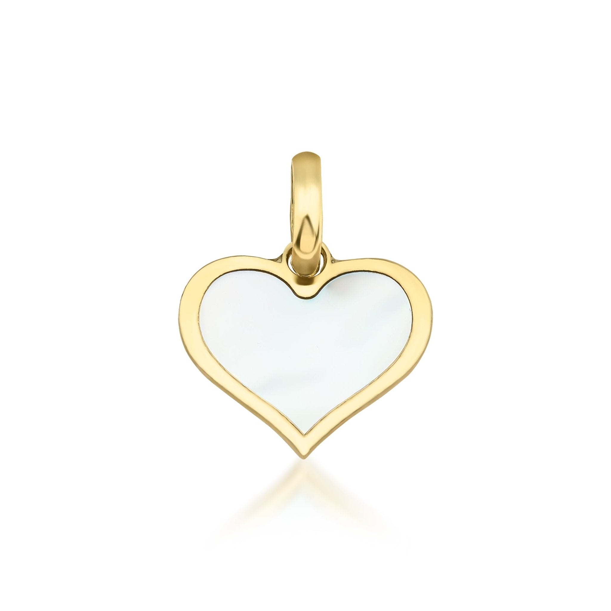 14K yellow gold heart pendant with natural mother of pearl, delicate and elegant design for everyday wear.