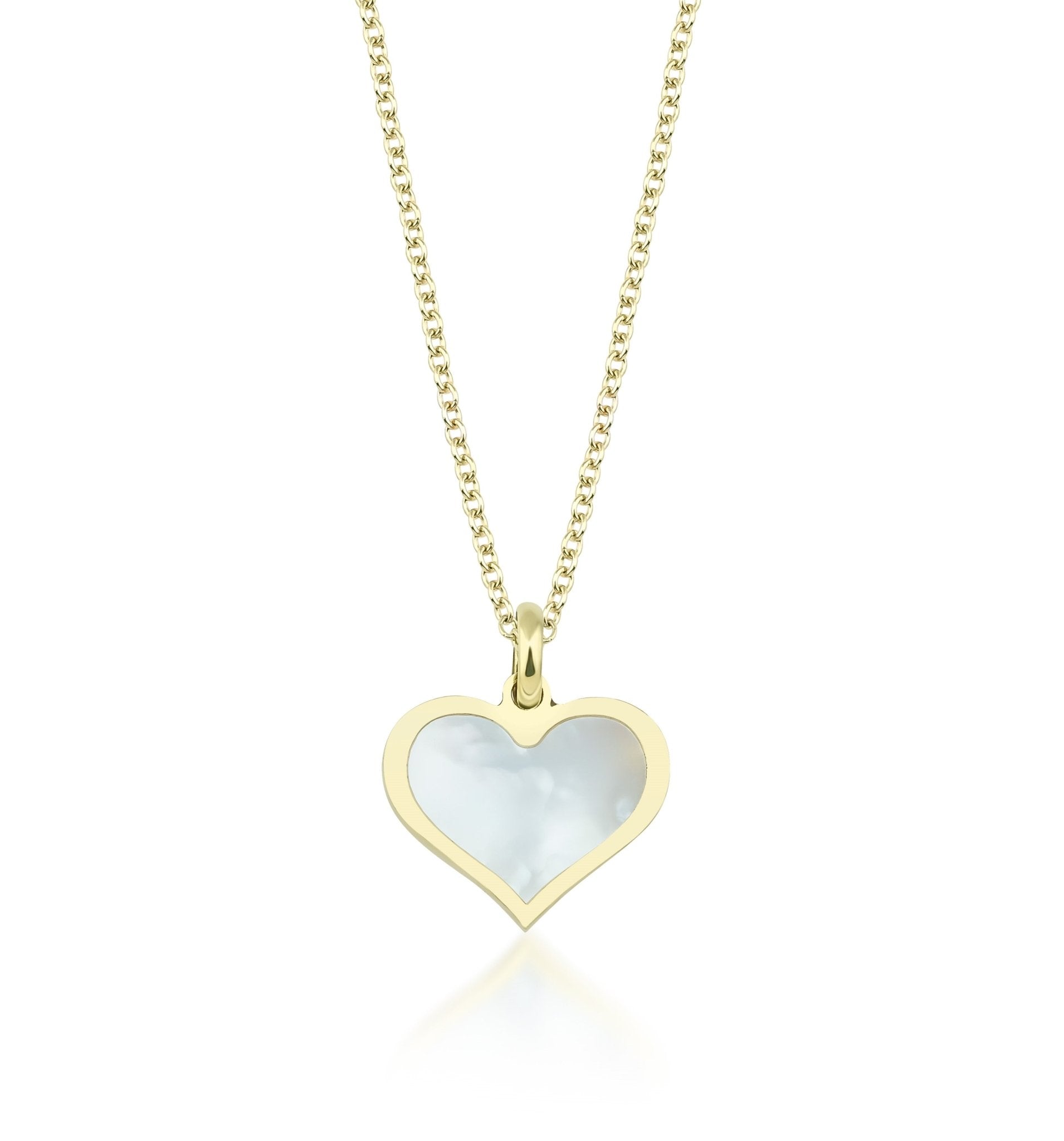14K yellow gold heart necklace with natural mother of pearl pendant, simple and elegant design for everyday wear.