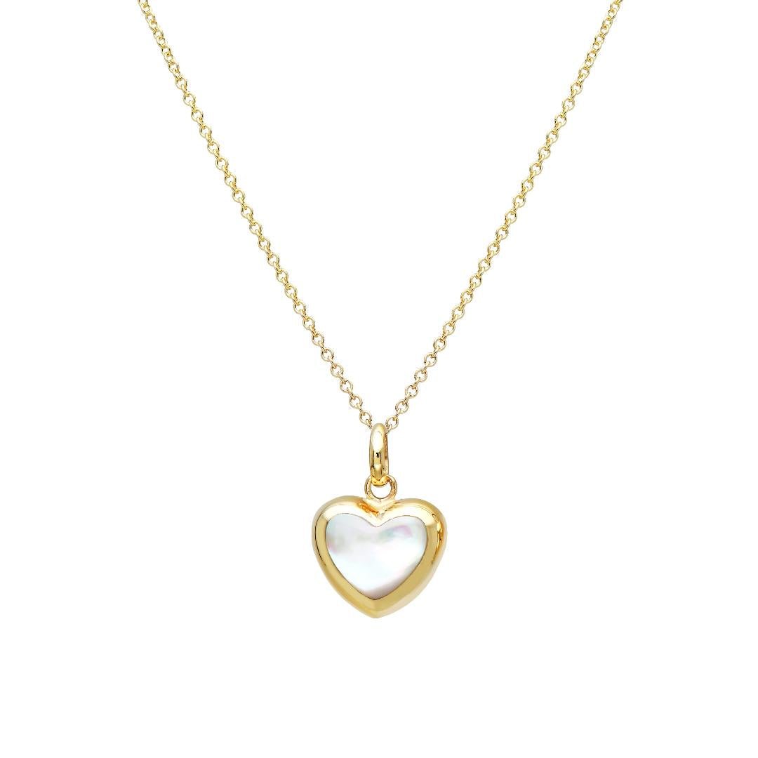 14K yellow gold mother of pearl puffed heart pendant necklace, dainty and elegant design for everyday wear.