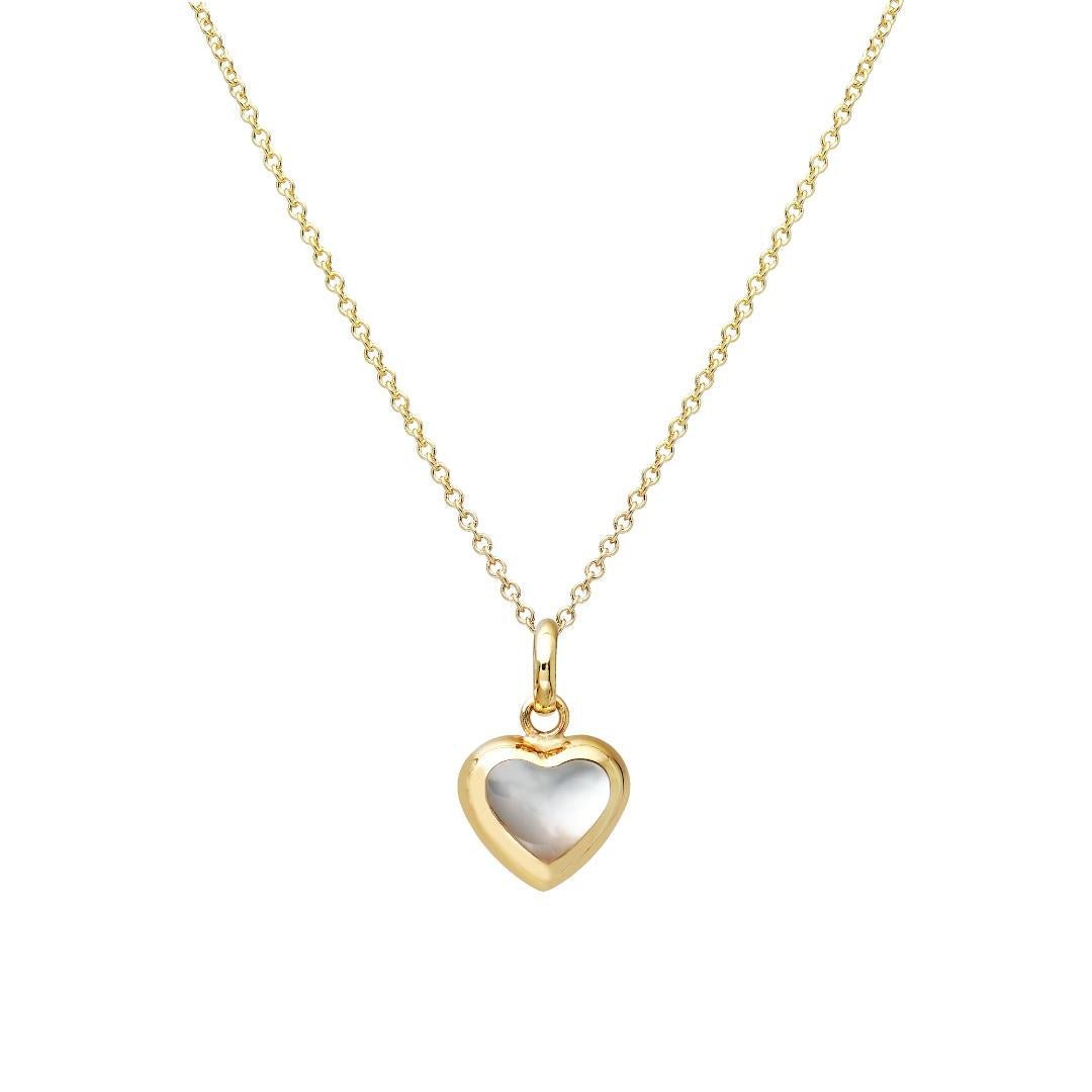 14K yellow gold puffed heart pendant necklace featuring natural mother of pearl, dainty and elegant design.
