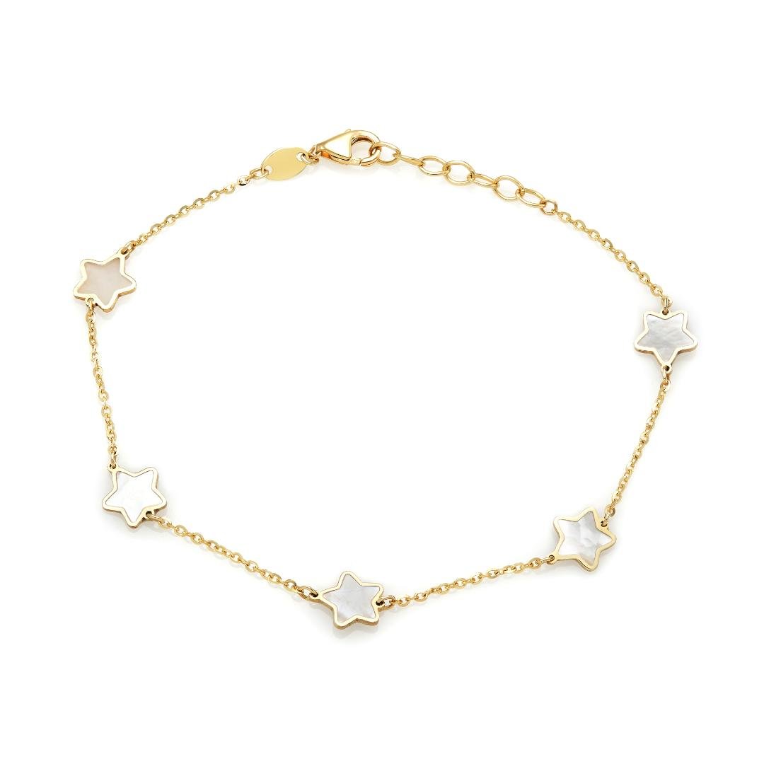 14K yellow gold mother of pearl star station bracelet with five star charms, delicate and elegant design.