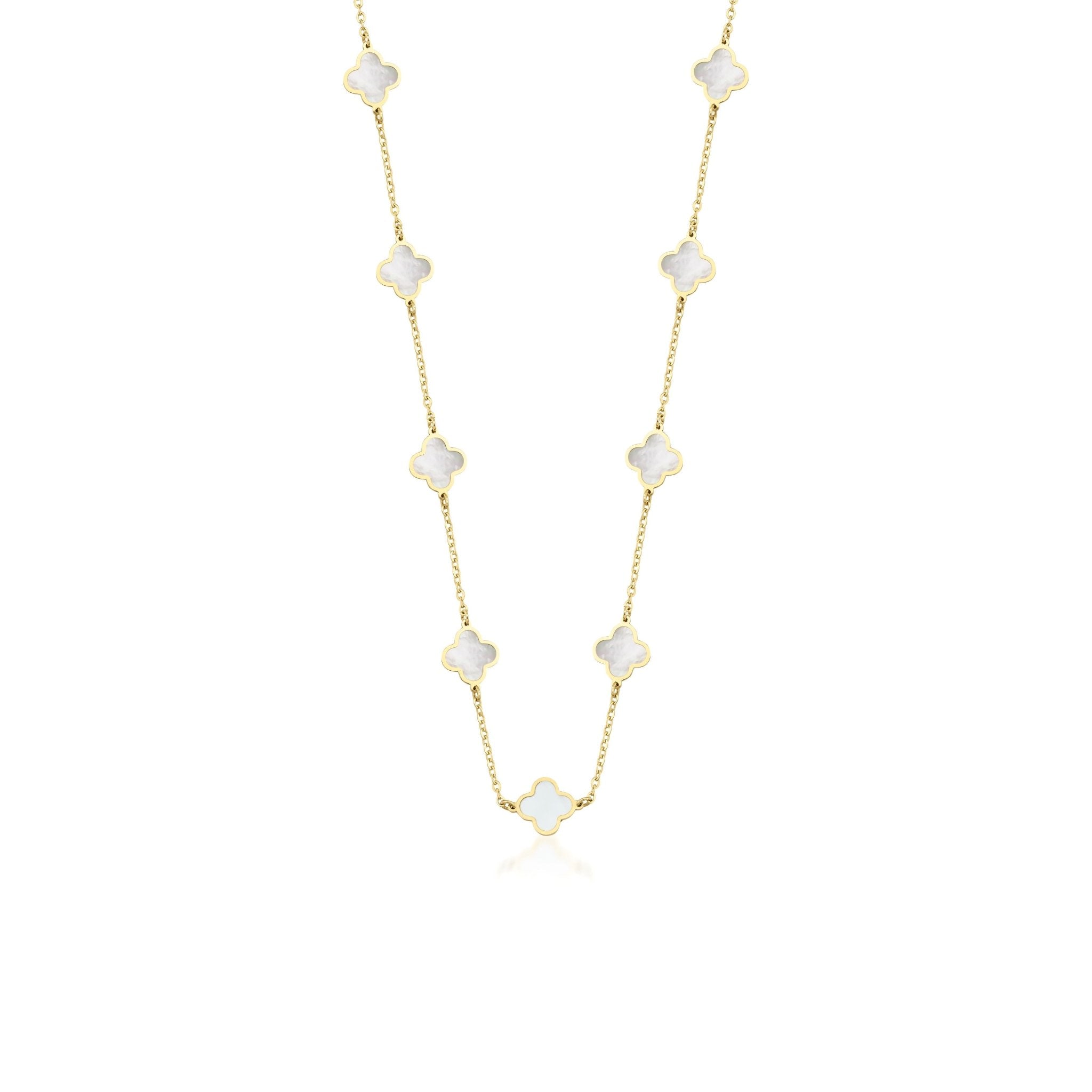 14K yellow gold mother of pearl four leaf clover station necklace, 16-17.5 inches long, elegant chain design.