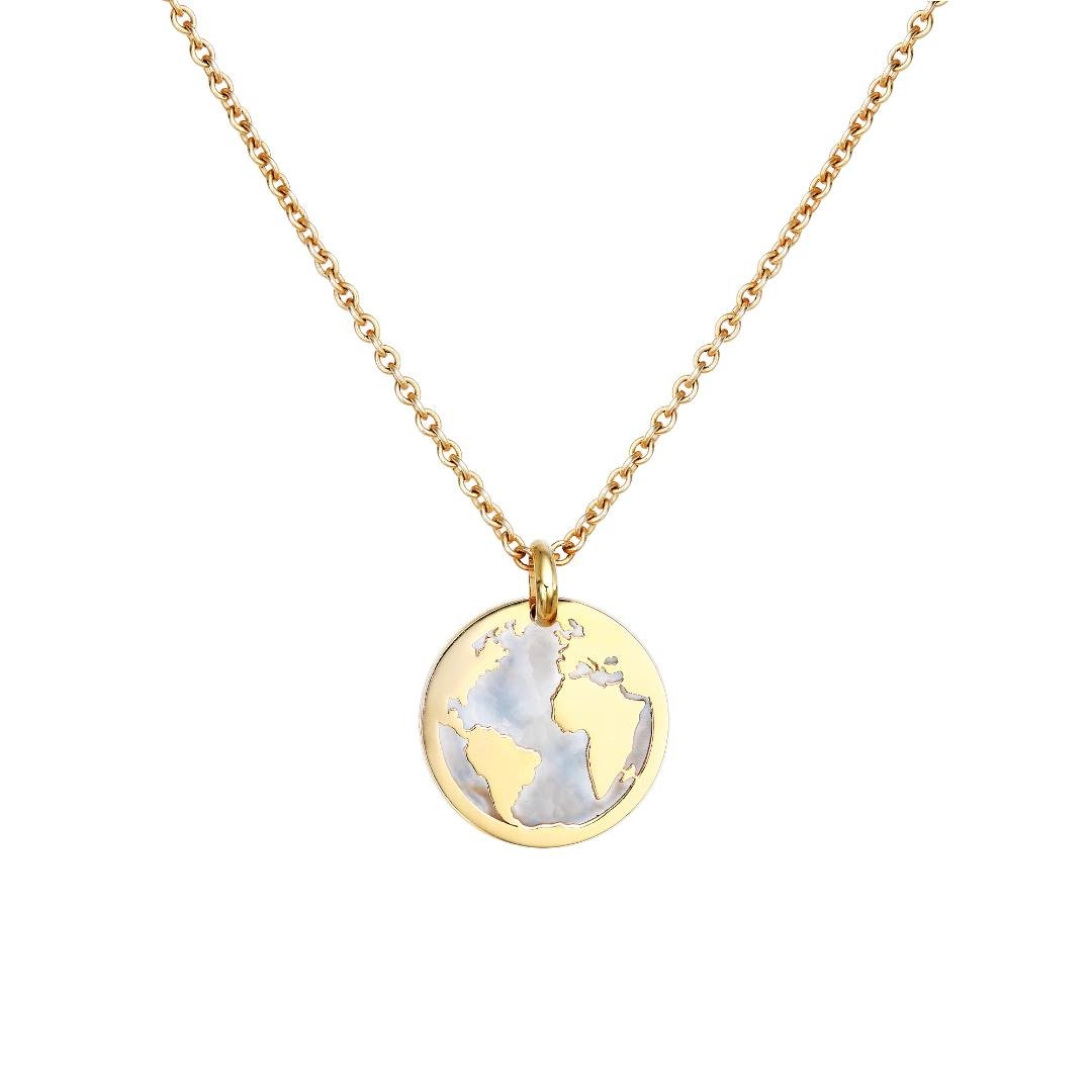 14K yellow gold world map necklace with mother of pearl pendant, perfect for everyday elegance.