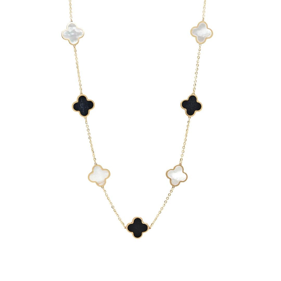 14K yellow gold clover necklace featuring onyx and mother of pearl, elegant and dainty design, perfect for everyday wear.